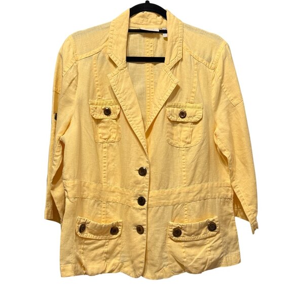 Chico’s size 2 (L) Yellow  Linen long sleeve button front Lightweight Jacket - Picture 1 of 7